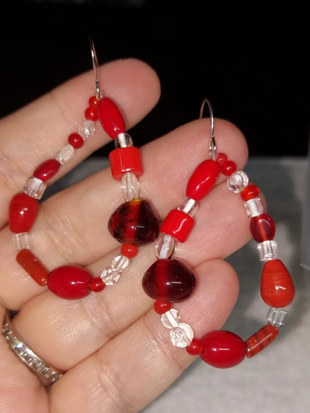 Red Glass Beaded Hoop Earrings - Women Jewelry Handmade